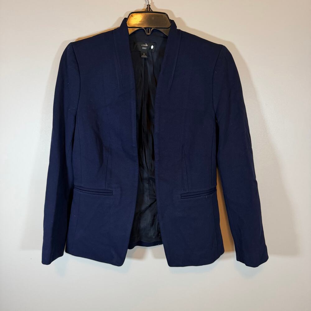 J.Crew 365 Navy Blue Collarless Blazer Womens 0 Open Front Welt Pockets Academia